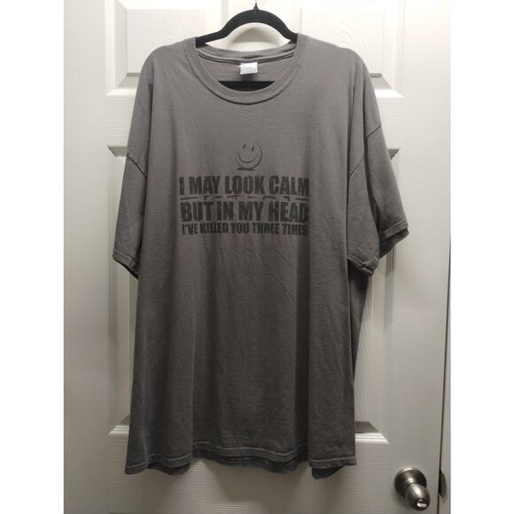 I May Look Calm But Men's Size 3XL Gray Smiley Face Short Sleeve Tee Port & Co - Picture 1 of 5